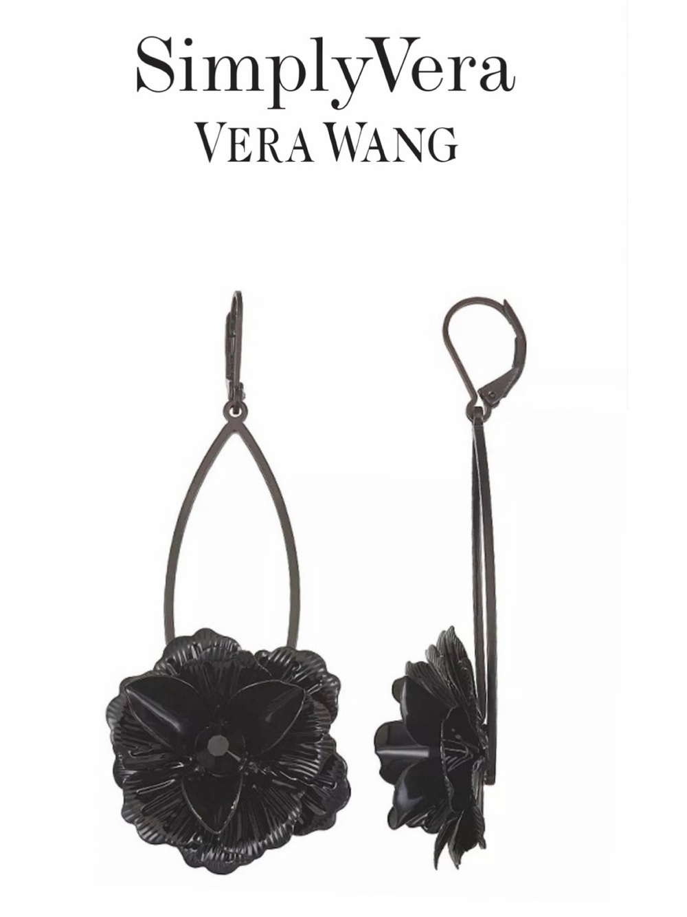 VERA WANG Black Flower/Black Crystal Elongated Drop Earrings